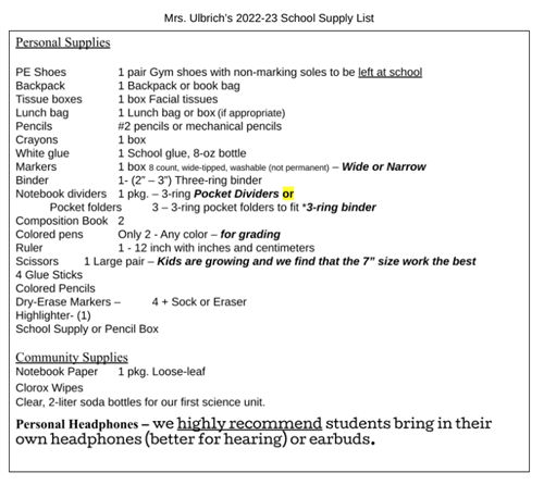 Supply List 
